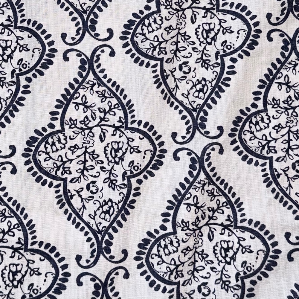 Tahari curtain panels, two blue and white cotton panels